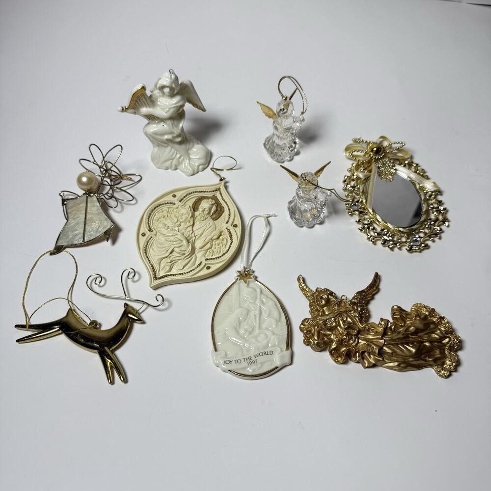 Vintage Gold Ornament Lot Porcelain Crystal Gold Nativity Deer Christmas Decor